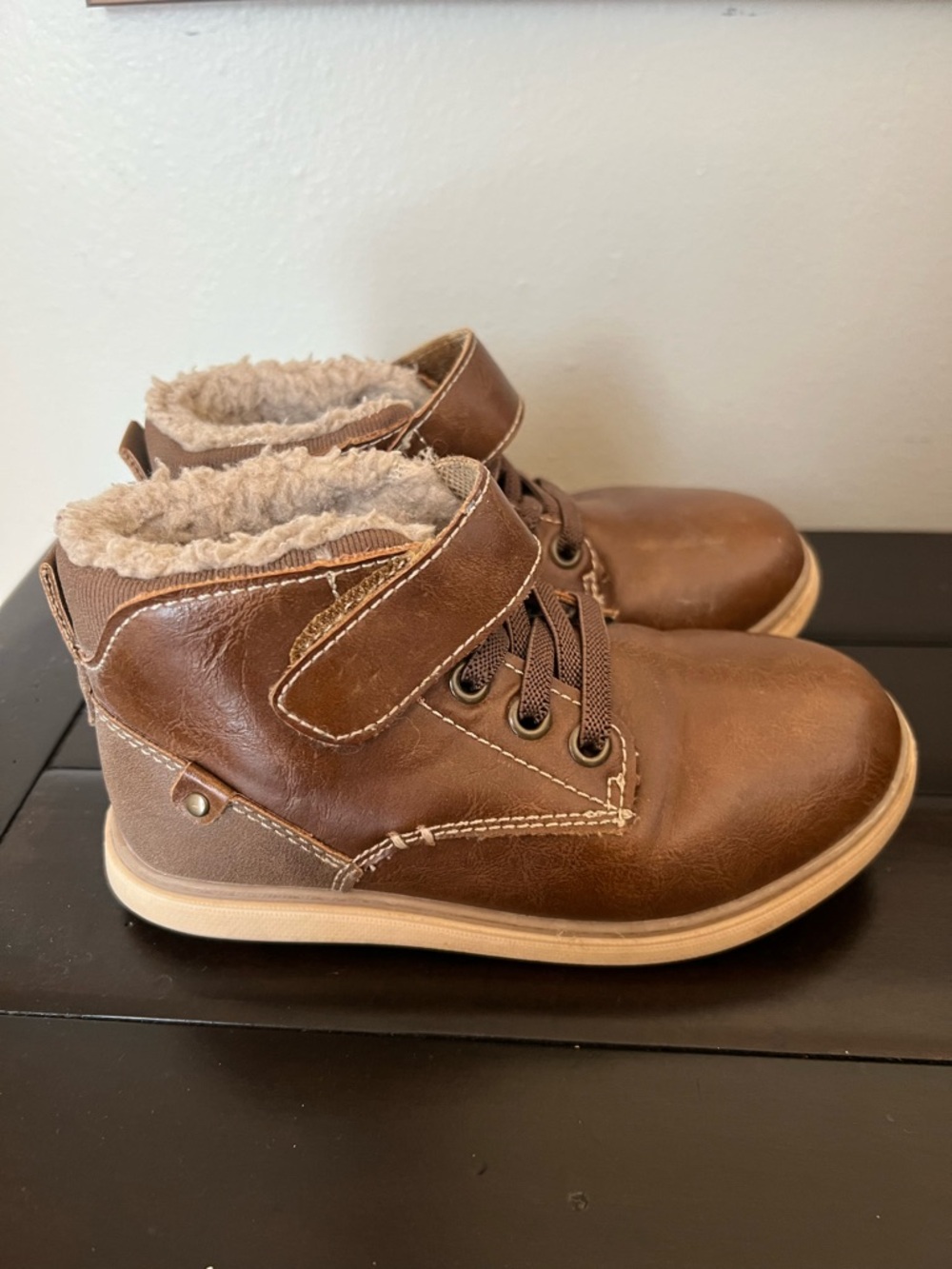 Max + Jake Toddler Brown Faux-Leather Boots with Faux-Fur Lining